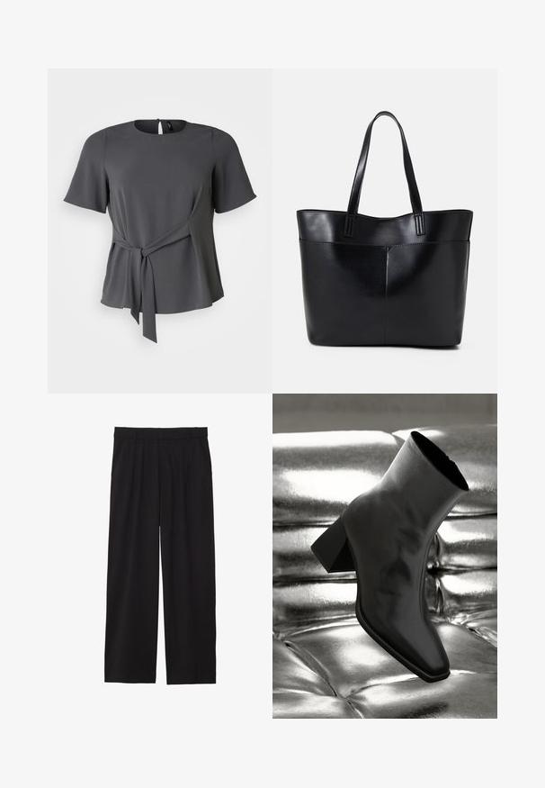 Graue Kurzarmbluse mit rundem Ausschnitt, einem gebundenen Taillendetail und einem weichen Fall. Verfügt über einen Knopfverschluss auf der Rückseite und eine glatte Textur.; Schwarze, weite Hose mit gefälteltem Vorderteil, seitlichen Taschen und einer glatten Stoffstruktur. Entworfen für eine entspannte Passform.; Schwarzer Knöchelstiefel aus glänzendem Material mit quadratischer Zehenform und verjüngtem Absatz, vor einem glänzenden silbernen gepolsterten Hintergrund.; Schwarze Leder-Shopper-Tasche mit zwei langen Griffen, einer glatten Textur und einer strukturierten Form. Verfügt über eine Vordertasche für zusätzlichen Stauraum.; Silberne Creolen mit einer glatten, glänzenden Oberfläche. Abgerundete Form, leichtes Design, mit einer Steckverschluss.