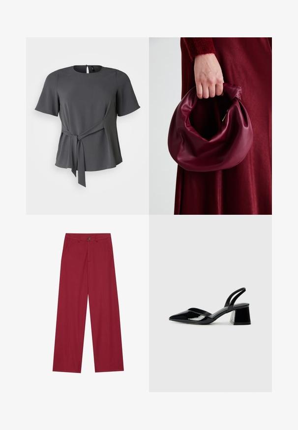 Siva bluzica kratkih rukava s okruglim izrezom, detaljem vezanja u struku i mekim padajućim materijalom. Ima zatvaranje na dugmad straga i glatku teksturu.; Široke hlače od glatkog, teksturiranog materijala u tamnocrvenoj boji. Sadrže prednje džepove i jedan dugme na pojasu.; Crne lakirane kožne sandale s otvorenom petom i špicastim vrhom, s geometrijskom blok petom. Imaju elegantan, minimalistički dizajn i glatku teksturu.; Bordo kožni ruksač s mekim, naboranim dizajnom i zaobljenim oblikom. Ručka je sigurno pričvršćena, pokazujući glatku teksturu.