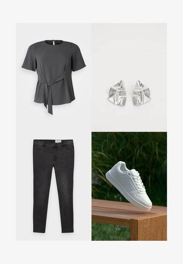 Grå kortärmad blus med rundad halsringning, knytning i midjan och mjuk fall. Har en knappstängning bak och slät textur.; Svarta denimjeans med smal passform, med knappstängning, bältesloops och framfickor. Slät textur med subtila blekningar.; Vita sneakers med en slät syntetisk ovandel, perforerat tåparti, platta snören och en strukturerad sula, placerade på en träyta.; Silverfärgade metallörhängen med en vågig, skulptural design som har en polerad yta och oregelbundna former, vilket framhäver en samtida estetik.