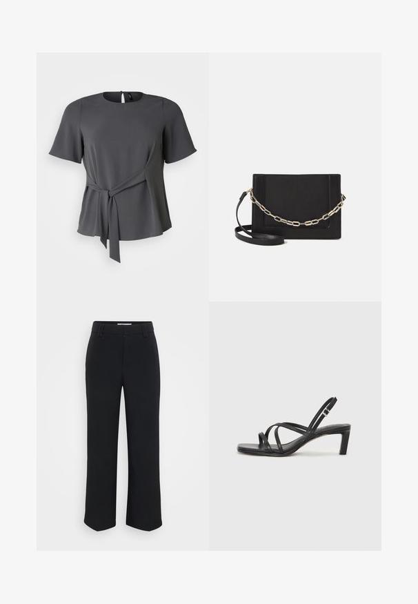 Siva kratkoslečena bluzica z okroglo izrezom, pasom z zavezovanjem in mehkim padcem. Ima zadaj gumbasto zapiranje in gladko teksturo.; Črne široke hlače z gladko teksturo, z ravnim pasom in stranskimi žepi, zasnovane v minimalističnem slogu.; Črne natikače s trakovi in kvadratnim prstom ter nizkim blokastim peto. Imajo več tankih trakov in nastavljiv trak okoli gležnja. Narejene so iz gladkega usnja.; Črna usnjena torba čez ramo z gladko teksturo, pravokotno obliko in kovinskim verižnim detajlom spredaj. Vključena je nastavljiva naramnica.; Srebrn dvojni prstan z gladko, polirano površino. Ima tekoč, ukrivljen dizajn z prekrivajočimi se sekcijami za sodoben videz.