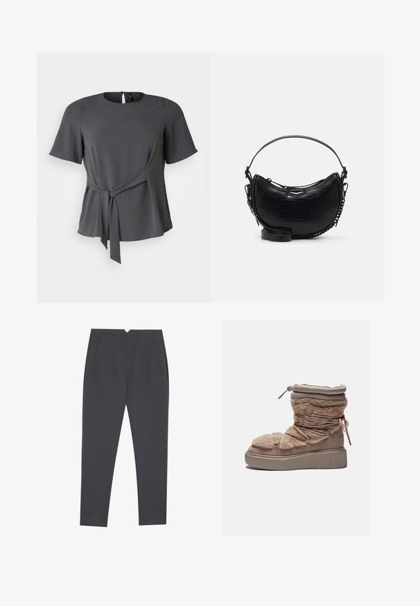 Blusa grigia a maniche corte con scollatura arrotondata, dettaglio in vita annodato e una morbida caduta. Presenta una chiusura con bottoni sul retro e una texture liscia.; Pantaloni tapered grigio scuro con tasche laterali e pieghe frontali, progettati per una vestibilità su misura.; Stivaletto peloso beige con una suola piatta robusta, parte superiore arricciata e lacci elastici. Presenta una chiusura con zip e una texture in tessuto morbido.; Borsa nera con effetto coccodrillo, dalla forma curvata, con tracolla rimovibile e un elegante dettaglio metallico sul davanti.