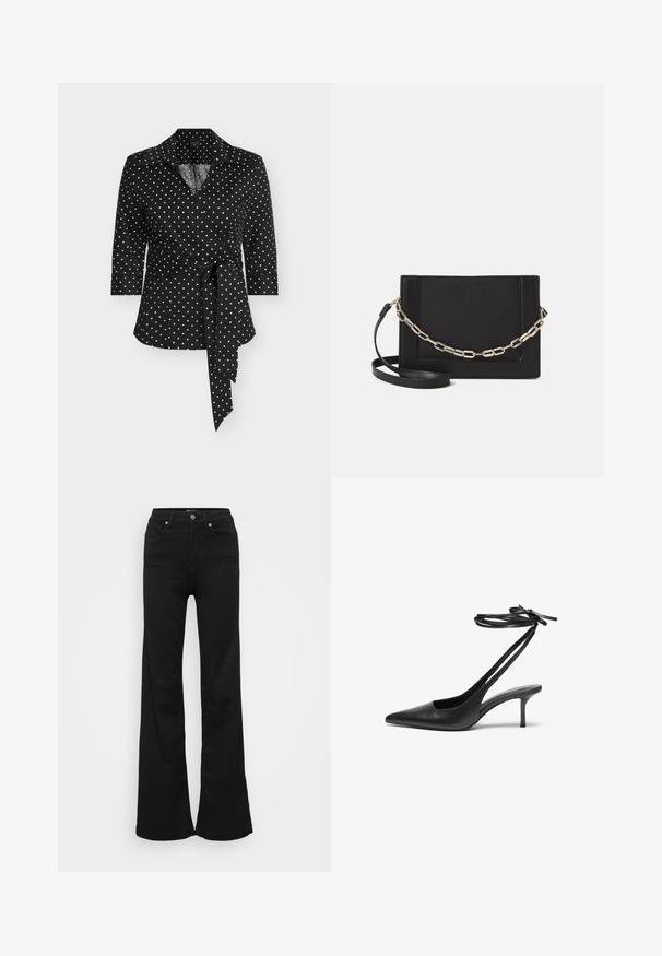Zwarte wikkelblouse met witte stippen, een kraag, driekwarts mouwen en een strikdetail in de taille voor een nauwsluitende pasvorm.; Zwarte wijde jeans gemaakt van denim, met een hoge taille, vijf zakken en een metalen knoopsluiting. Gladde textuur met minimale detailing.; Zwarte leren stiletto-schoen met een spitse neus, open achterkant en enkelschoentjes die in een strik zijn geknoopt. Slanke 3-inch hak. Glad textuur, minimalistisch ontwerp.; Zwarte leren schoudertas met een gladde textuur, rechthoekige vorm en een metallic kettingdetail aan de voorkant. Verstelbare schouderband inbegrepen.