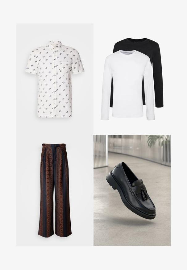 Kurzärmeliges, weißes Leinenhemd mit subtilem navy Muster, Button-down-Kragen und einer einzelnen Brusttasche. Strukturiert, atmungsaktiver Stoff.; Zwei Langarmshirts, eines schwarz und eines weiß, aus Baumwolle mit Rundhalsausschnitten und glatter Textur, in einer gestapelten Anordnung präsentiert.; Weite Hosen aus dunkelblauem Stoff mit einem aufwendigen orangen geometrischen Muster, mit gefaltetem Vorderteil und einem taillierten Bund.; Schwarze Leder-Loafer mit glatter Oberfläche, dekorativem Quasten, dicker Gummisohle und abgesteppten Akzenten. Leichtes und schlankes Design.