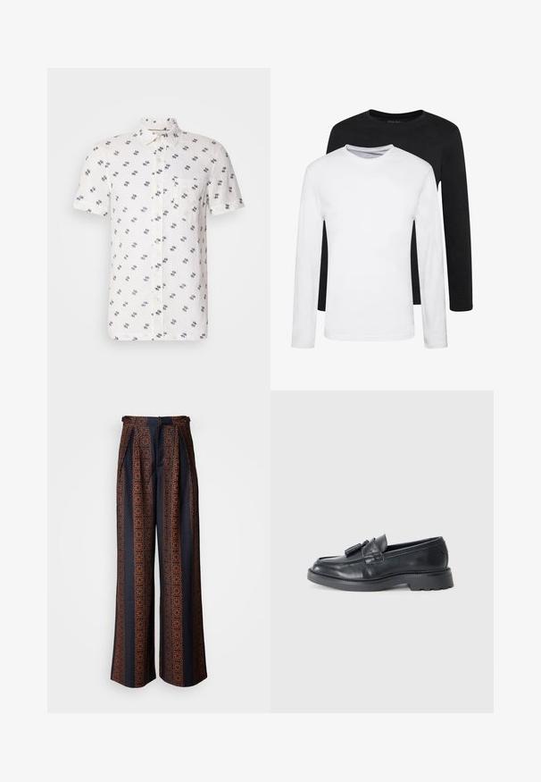 Korteblauwe, witte linnen overhemd met een subtiel marineblauw patroon, een button-down kraag en een enkele borstzak. Gelaagd, ademend stof.; Twee longsleeves, één zwart en één wit, gemaakt van katoen met ronde hals en een gladde textuur, gepresenteerd in een gestapelde opstelling.; Zwarte wijde broek in donkerblauwe stof met een ingewikkeld oranje geometrisch patroon, met een geplooide voorkant en een aansluitende tailleband.; Zwarte leren instappers met een ronde neus, een band met kwastjes en een chunky zool met een loopvlak. Glad oppervlak en een klassiek ontwerp.