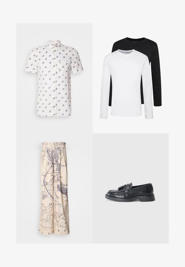 Korteblauwe, witte linnen overhemd met een subtiel marineblauw patroon, een button-down kraag en een enkele borstzak. Gelaagd, ademend stof.; Twee longsleeves, één zwart en één wit, gemaakt van katoen met ronde hals en een gladde textuur, gepresenteerd in een gestapelde opstelling.; Wijdbeenbroeken met een kaartprint in marineblauw op een beige achtergrond, met geplooide details bij de taille en een relaxte fit.; Zwarte leren instappers met een ronde neus, een band met kwastjes en een chunky zool met een loopvlak. Glad oppervlak en een klassiek ontwerp.