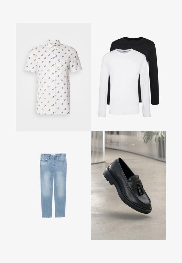 Kurzärmeliges, weißes Leinenhemd mit subtilem navy Muster, Button-down-Kragen und einer einzelnen Brusttasche. Strukturiert, atmungsaktiver Stoff.; Zwei Langarmshirts, eines schwarz und eines weiß, aus Baumwolle mit Rundhalsausschnitten und glatter Textur, in einer gestapelten Anordnung präsentiert.; Helle blaue Röhrenjeans aus Denim. Verfügt über ein Fünf-Taschen-Design, ausgebleichte Stellen und ein Etikett am Bund. Keine Verzierungen.; Schwarze Leder-Loafer mit glatter Oberfläche, dekorativem Quasten, dicker Gummisohle und abgesteppten Akzenten. Leichtes und schlankes Design.