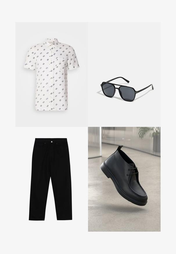 Lühikeste varrukatega valge linane särk, millel on peen tumesinine muster, nööbiga krae ja üks rinnatasku. Tekstuuriga, hingav kangas.; Mustadest denimist püksid, millel on sirge jalg, viie tasku disain ja eesnupuga sulgur. Sile tekstuur koos minimaalsete õmblustega.; Must musta nahk king, millel on sile tekstuur, ümmargune varvas ja nööridega disain; sisaldab madala profiiliga tallat ja tagumist tõmbeotsa.; Mustad mustad prillid oktaalpäistega, tumedad läätsed, läikiv viimistlus, õhukesed templid ja kuldsed aktsendid ees.