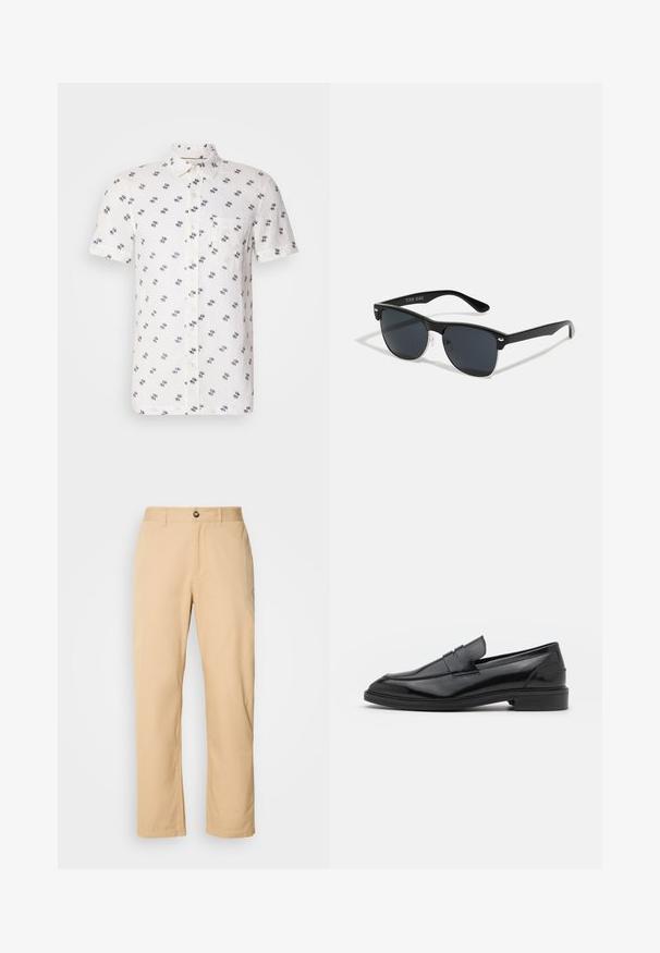 Cămașă din in albă cu mânecă scurtă, având un model subtil în nuanță de navy, guler butonat și un singur buzunar pe piept. Material texturat și respirabil.; Pantaloni din bumbac khaki cu un design drept, având închidere frontală cu buton și curea. Textură netedă și suprafață simplă.; Pantofofi din piele neagră cu un finisaj neted, având vârful rotunjit și o bandă îngustă pe partea superioară. Toc mic, stratificat.; Ochelari de soare negri cu o formă rectangulară, lentile întunecate, accente argintii la tâmple și un finisaj mat pe cadru.