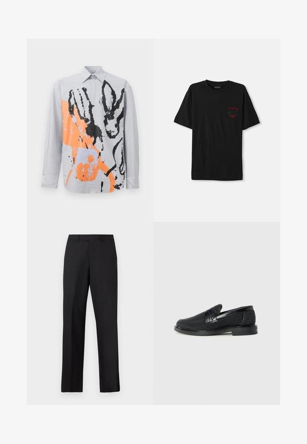 Gestreepte overhemd met een abstract oranje en zwarte design met dieromtrekken en hedendaagse penseelstreekaccenten.; Zwarte katoenen t-shirt met korte mouwen, met een rood geborduurd hartdesign op de linkerkant van de borst. Klassieke ronde hals, relaxed fit.; Zwarte, rechte broek van gladde stof. Voorzien van een standaard tailleband en geen zichtbare patronen of accenten.; Zwartegeweven instap schoenen met een glad leren accent aan de bovenkant, een ronde neusontwerp en een laag profiel rubberen zool.