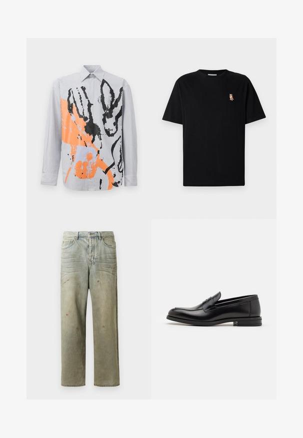 Dryžuota mygtukinė marškinė, kuriuose yra abstrakti oranžinė ir juoda dizaino kompozicija su gyvūnų siluetais ir šiuolaikinėmis šepetėlio plyšimo akcentais.; Juoda trumpomis rankovėmis apvalaus kaklo marškinėliai su maža išsiuvinėta oranžine lapės logo kairėje krūtinės pusėje.; Šviesiai žaliai nuvarytos džinsinės kelnes, su tiesiomis kojomis, penkių kišenių dizainu, nelygiai blukščiantis ir su dažų lašeliais.; Juodos odinės loafers, turinčios lygų paviršių, apvalią noselę ir dekoratyvinę juostą per priekinę dalį. Žemas krentantis kulnas, minimalistinis dizainas.