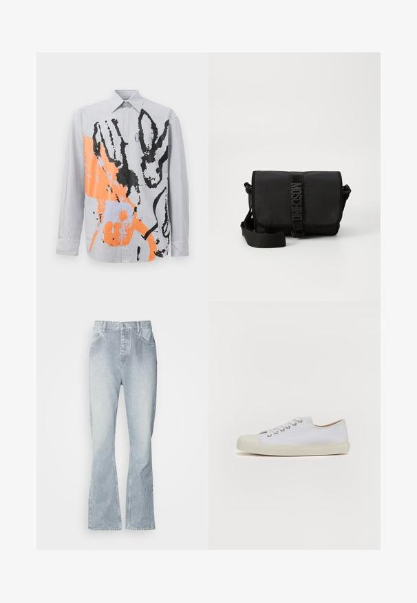Camisa de botones a rayas con un diseño abstracto en naranja y negro, con contornos de animales y acentos contemporáneos de pinceladas.; Jeans a rayas azul claro con un corte de pierna ancha, que presentan un cierre de botón, bolsillos frontales y un ligero desgaste en el dobladillo.; Zapatilla de lona blanca con punta redonda, suela plana de goma crema, seis ojetes para cordones y sutiles detalles de costura en la parte superior.; Bolso cruzado negro de nailon con solapa, que cuenta con un cierre de cinta con logo prominente, correa ajustable y detalles de costura lateral.