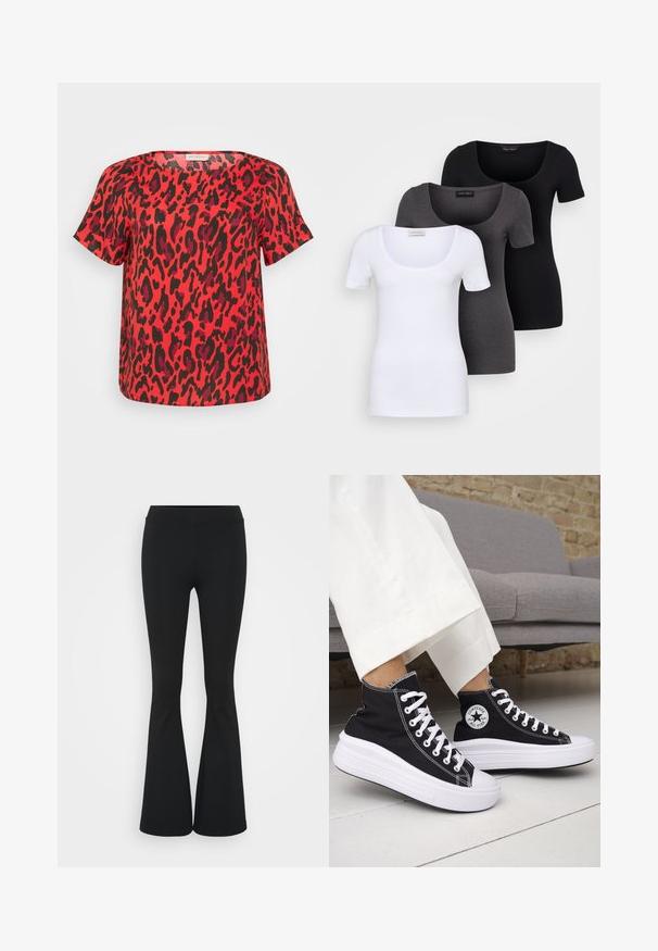 Rød kortermet topp med leopardmønster i svart og mørk lilla. Designet med en avslappet passform og firkantet utringning.; Tre figurerte T-skjorter i hvit, grå og svart. Hver har en bred scoop-nakke og korte ermer. Laget av glatt, elastisk stoff.; Svarte flared bukser laget av elastisk stoff, med høy midje og en glatt tekstur. Buksene vidder ut fra kneet.; Svarte høye sneakers med hvite gummisåler og lisser. Har et rundt logo-merke og kontrasterende hvite sømmer. Laget av lerret.