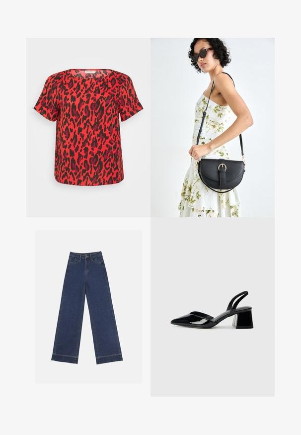 Red short-sleeve top featuring a leopard print in black and dark purple. Cut with a relaxed fit and a square neckline.; Wide-leg jeans in dark blue denim. Features five pockets, belt loops, and a raw hem at the bottom with visible stitching details.; Black patent leather slingback heels with a pointed toe and a geometric block heel. Features a sleek, minimal design and smooth texture.; Black leather handbag with a curved shape, detachable strap, and gold hardware. The bag features a flap with a buckle detail.
