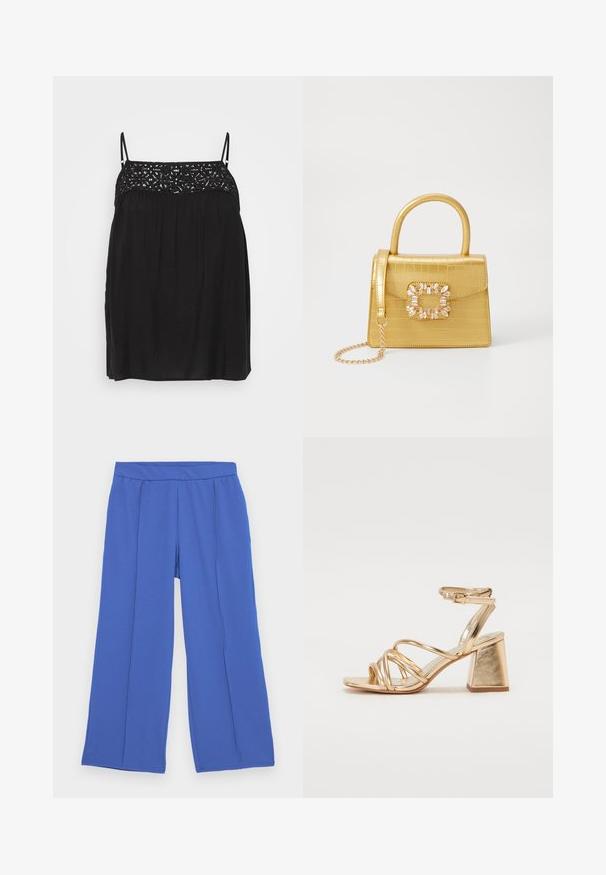 Top nero senza maniche con dettagli in pizzo sul collo, silhouette fluida e pieghe sottili sotto il seno. Tessuto morbido.; Pantaloni a gamba larga realizzati in un tessuto morbido e elasticizzato di un vivace blu. Presentano una vita piatta e due pieghe frontali per un tocco di design in più.; Sandali con tacco oro metallici caratterizzati da un design a strisce, tacco quadrato e cinturino regolabile alla caviglia con fibbia. Texture liscia.; Borsa finta coccodrillo gialla con design strutturato, manico superiore, tracolla a catena removibile e abbellimenti in cristallo decorativi sulla chiusura.; Anello d'oro con design testurizzato e ondulato, caratterizzato da tre picchi prominenti. Superficie liscia e lucida con una fascia aperta per una vestibilità regolabile.