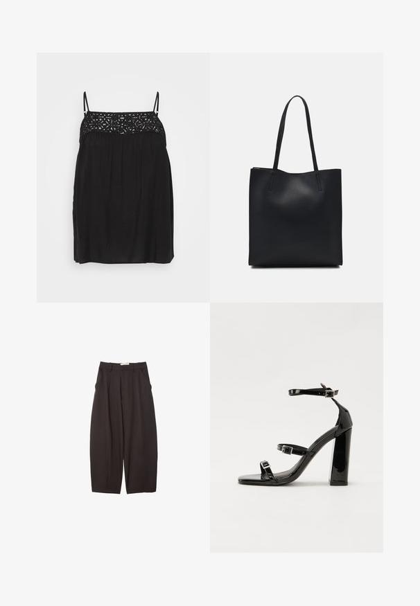 Schwarzes ärmelloses Top mit Spitzenverzierungen am Ausschnitt, fließender Silhouette und dezenten Falten unter der Brust. Glatte Stoffstruktur.; Schwarze weit geschnittene Hosen aus einem glatten Stoff, mit hoher Taille, Frontfalten und Seitentaschen. Schlichtes Design ohne Verzierungen.; Schwarze patentierte Sandalen mit Absatz, quadratischer Spitze, Knöchelriemen und silbernen Schnallen. Mit einem stabilen Blockabsatz für mehr Stabilität.; Schwarze Laptoptasche aus Leder mit glatter Textur, rechteckiger Form und zwei langen Griffen. Keine sichtbaren Beschläge oder Verzierungen.