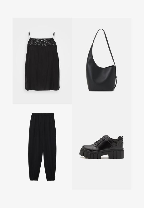 Mustaton hihaton paita, jossa on pitsiyksityiskohtia kaula-aukoissa, virtaava siluetti ja hienovaraiset laskokset rinnan alla. Sujuva kangas.; Mustat, kevyet housut, joissa on joustava vyötärö ja kerätyt nilkat. Kangas on sileä ja siinä on rento, kapeneva muotoilu.; Mustat nahkakengät, joissa on lättihenkinen korko, pyöreä kärki ja perinteinen nauhakiinnitys. Ominaisuuksiin kuuluu sileä pintakuvio ja minimaalinen yksityiskohtaisuus.; Musta nahkainen hobo-laukku, jossa on sileä pinta, kaareva muoto ja yksi säädettävä olkahihna; sisäänkäynti on leveä ylhäältä.