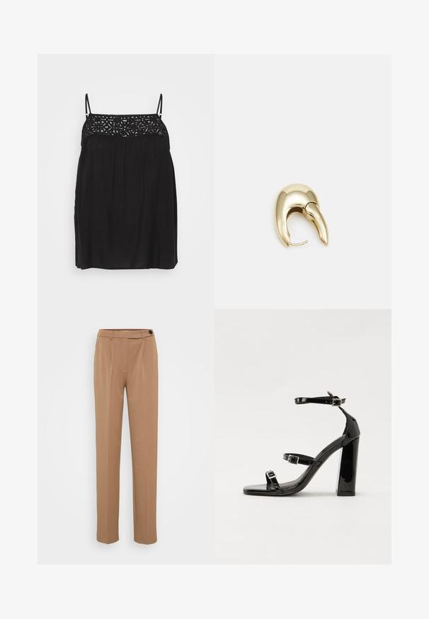 Crni bezrukavni top s čipkastim detaljima na izrezu, lepršavi silueta i suptilnim nabranim djelovima ispod grudi. Glatka tekstura tkanine.; Smeđe krojene hlače ravnog kroja, s jednim kopčanjem i naboranim prednjim dijelom. Glatka tekstura, minimalistički stil.; Crne lakirane sandale na pete sa kvadratnim nosom, trakama oko gležnja i srebrnim kopčama. Imaju čvrst blok petu za stabilnost.; Zlatne metalne naušnice s elegantnim, zakrivljenim dizajnom. Imaju karakterističan šiljast oblik, poliranu površinu i zatvaranje na šarku.