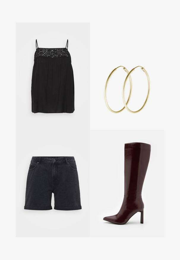 Czarny bezrękawnik z koronkowym wykończeniem przy dekolcie, luźny krój i subtelne fałdy pod biustem. Gładka faktura tkaniny.; Czarne szorty dżinsowe o klasycznym kroju, z podwiniętymi nogawkami, szlufkami na pasek i przednimi kieszeniami. Gładka tekstura z subtelnymi detalami przeszyć.; Even&Odd - Kozaki; Złote kolczyki w formie obręczy z gładkim, zaokrąglonym wzornictwem o błyszczącym wykończeniu. Lekka konstrukcja z bezpiecznym zapięciem.