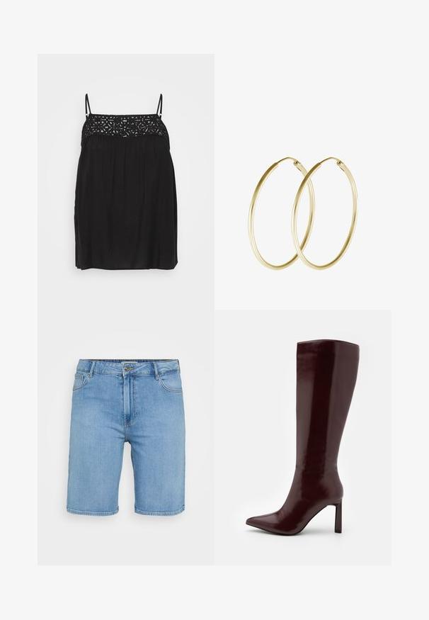 Sort ærmeløs top med blonde detaljering ved udskæringen, flydende silhuet og diskrete plisseringer under brystet. Glat stoftekstur.; Lys blå denim shorts med klassisk pasform, der har en frontknaplukning, bæltestropper og to sidelommer. Glat tekstur og lige kant.; Even&Odd Høje støvler/ Støvler - dark red; Guld hoops øreringe med et glat, rundt design og en blank finish. Letvægts konstruktion med en sikker låsemekanisme.
