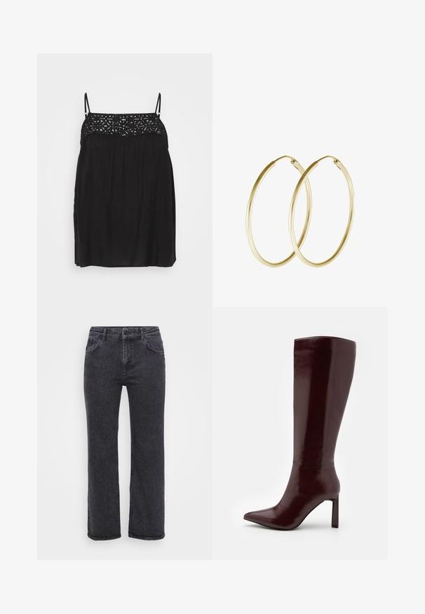 Černý bezramínkový top s krajkovými detaily na výstřihu, splývavý silueta a jemné plisování pod prsy. Hladká textura látky.; Černé džíny z denimu se střihem rovného nohavice, pěti kapsami a zapínáním na knoflík. Látka má mírně vybledlou strukturu a pevné švy.; Even&Odd Vysoká obuv - dark red; Zlaté kruhové náušnice s hladkým, zaobleným designem a lesklým povrchem. Lehké provedení s bezpečným zapínáním.