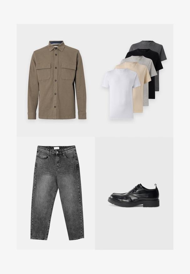 Olivinvihreä nappipaita pitkillä hihoilla, kahdella rintataskulla ja suoralla kauluksella. Valmistettu teksturoidusta kankaasta, jossa on näkyvät saumat.; Viisi lyhythihaista t-paitaa valkoisena, beigeinä, vaaleanharmaana, tummanharmaana ja mustana. Valmistettu sileästä puuvillasta, jossa on pyöreä kaula-aukko.; Mustat pesetyt suorat farkut, joissa on etu- ja takataskut, vyölenkit ja nappisuljenta vyötäröllä.; Mustat nahkakengät, joissa on pyöreä kärki, nauhakiinnitys edessä ja koristeellinen sauma. Varusteena paksu, teksturoitu kumipohja ja kanta.