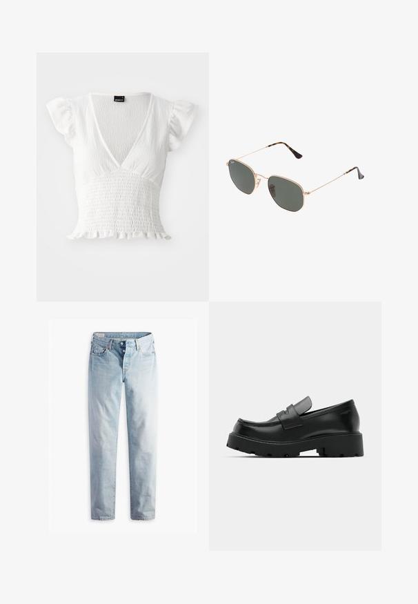Baltas trumpas rankovėmis viršus su V formos iškirpte, raukšlėta tekstūra ir banguotu apvadu. Pagamintas iš lengvos medžiagos.; Šviesiai mėlyni džinsai su tiesia kojų forma, dviem priekinėmis kišenėmis ir dviem užpakalinėmis kišenėmis. Su dviem sagų užtrauktuku ir subtiliu siuvinėjimu.; Juodi odiniai loafersai su storu tekstūruotu padu, turintys dirželį per vampą ir lygų, blizgantį paviršių.; Auksiniai metaliniai akiniai nuo saulės su tamsiai žaliomis lęšiais, aviator tipo, su siaurais rėmeliais ir kilpiniu akmeniu ant galiukų.