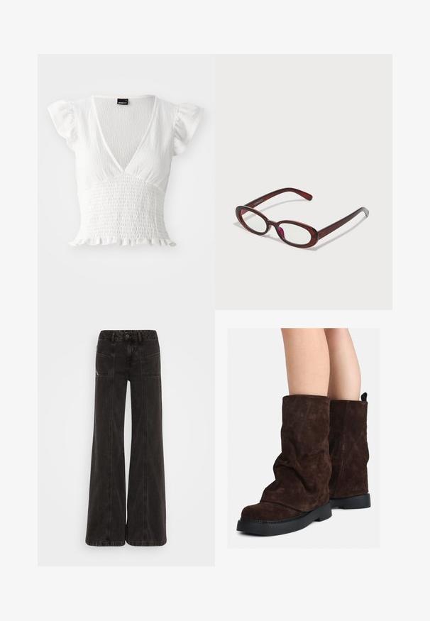 Top branco de manga curta com decote em V, textura franzida e bainha com babados. Feito de tecido leve.; Calças de ganga largas e pretas, com uma cintura alta, bolsos frontais e costuras tonais ao longo das costuras.; Botas marrons em camurça até a metade da panturrilha com solas de borracha pretas, usadas sobre pernas nuas, mostrando ligeiras rugas nos canos das botas.; Óculos de sol vermelhos em forma oval com lentes transparentes e armação fina castanha. O design apresenta curvas subtis e hardware minimalista.