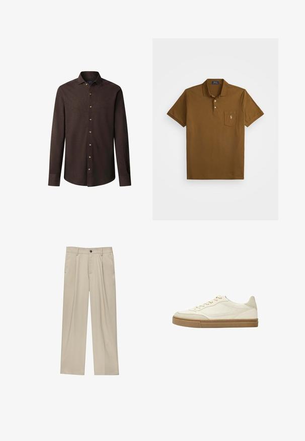 Tamno smeđa dugodlaka košulja s dugim rukavima, dugmadi sprijeda i oštrim ovratnikom, s diskretnim izvezenim logom na lijevoj strani prsnog dijela.; Smeđa pamučna polo majica s ovratnikom, dva dugmeta na prednjem dijelu i lijevim džepom na prsima s izvezenim logotipom. Kratki rukavi.; Bež hlače ravnog kroja s jednim crnim gumbom, petljama za remen i bočnim džepovima. Glatka tekstura tkanine i minimalistički dizajn.; Bijele kožne tenisice niskog profila s bež naglascima i teksturiranom gumenom potplatom. Opremljene su toniranim šavovima i zaobljenim dizajnom prsta.