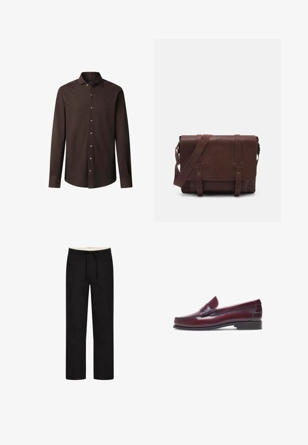 Donkerbruine, lange mouwen, button-up shirt met een puntige kraag en een subtiele geborduurde logo op de linkerborst.; Zwarte rechte broek met een elastische tailleband, aantrekkoord en een bescheiden ontwerp. Zachte stoftextuur. Geen zichtbare patronen of accenten.; Bordeaux leren instapper met een ronde neus, gestikte details en een kleine decoratieve accent op de schacht. Platte, contrasterende zool.; Bruine lederen schoudertas met een platte voorflap, twee banden, gouden hardware-accenten en een verstelbare schouderband.