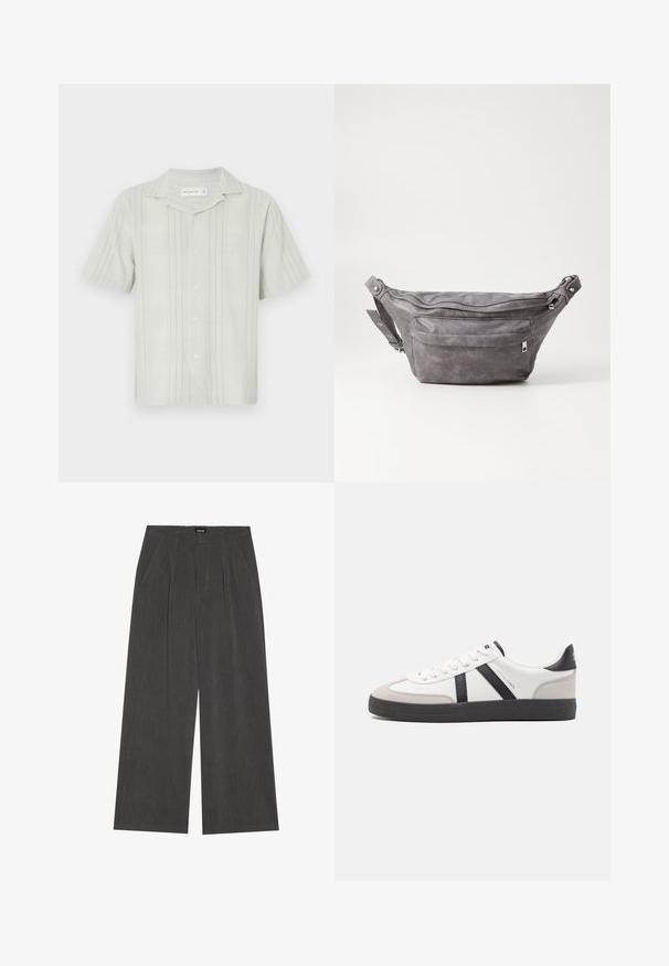 Lichtgroene shirt met korte mouwen, gemaakt van textuurstof, met verticale strepen, een camp collar en een knoopsluiting aan de voorkant.; Wijde broek in donkergrijs stof, met een geplooide voorkant, twee zijzakken en een vlakke tailleband. Glad oppervlak en gepaste ontwerpelementen.; Witte sneaker met zwarte en grijze accenten, voorzien van een grijze neus met textuur, zwarte rubberen zool en platte witte veters. Schoon ontwerp, minimalistische stijl.; Grijze suède heuptas met een ronde vorm, twee met rits afgesloten compartimenten en een verstelbare band. Voorzien van metalen accenten.