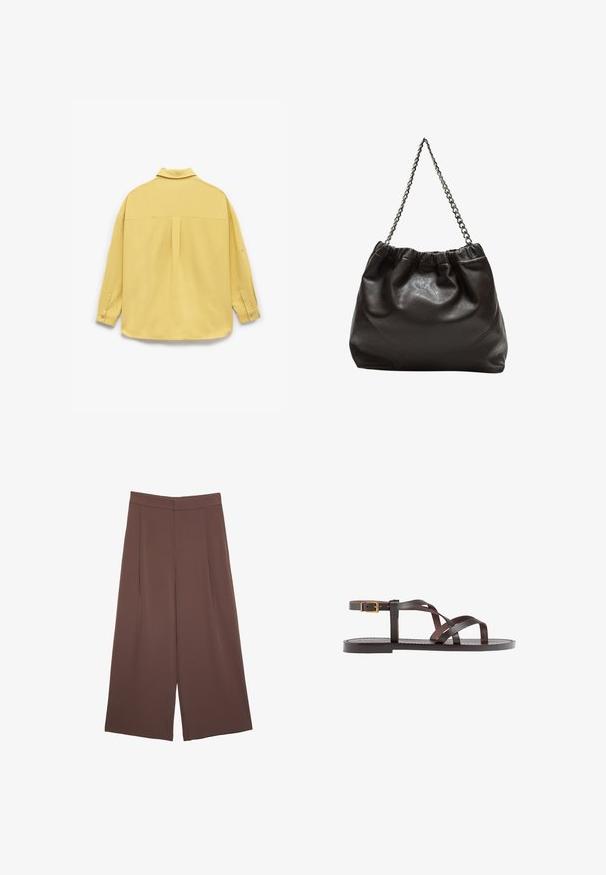 Gul langærmet skjorte lavet af blødt stof, med kravehals, knaplukning ved håndleddene og en plissering på ryggen.; Brune bredbunde bukser med en glat tekstur, der har høj talje og plisseringer foran. Stoffet er let og falder løst.; Brune lædersandal med krydsende stropper, ankelspænde og en flad sål med minimale syninger.; Brun lædertaske med en rynket top og en kædestrop. Glat tekstur med en blank finish og subtile sømdetaljer på siderne.