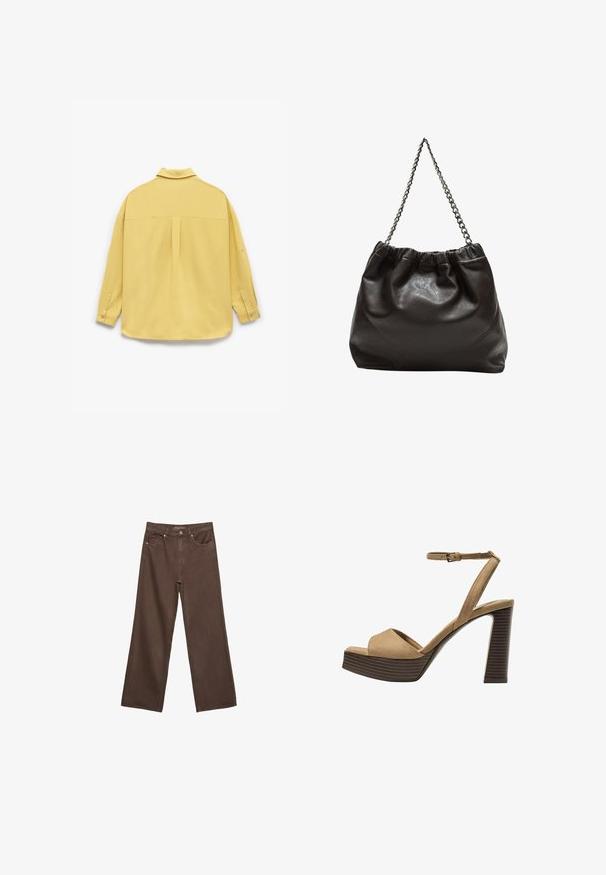 Yellow long-sleeve shirt made of soft fabric, featuring a collared neckline, buttoned cuffs, and a pleat detail at the back.; Wide-leg brown jeans made of denim, featuring a high waist, front pockets, and a classic button closure. Smooth texture with subtle stitching.; Beige suede high-heeled sandals with a wide front strap and ankle strap, featuring a chunky wooden block heel with a textured finish.; Brown leather bag with a gathered top and a chain strap. Smooth texture with a glossy finish and subtle seam detailing on the sides.