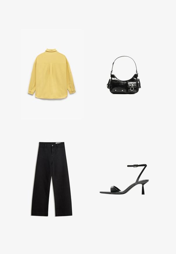 Gul langærmet skjorte lavet af blødt stof, med kravehals, knaplukning ved håndleddene og en plissering på ryggen.; Sorte wide-leg denim bukser med høj talje, der har front- og baglommer, syede sømme og en knaplukning. Glat tekstur.; Bershka Højhælede sandaletter / Højhælede sandaler - black; Sort patenteret læder håndtaske med en buet form, en skulderrem, frontlommer og hardware accenter i sølvfarve.