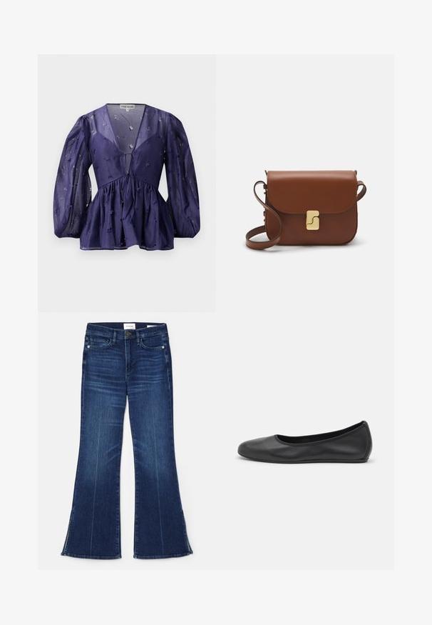 Blusa blu navy in tessuto trasparente, con scollatura a V e maniche a sbuffo. Presenta una vita arricciata con accenti di ricami floreali su tutto il capo.; Jeans a zampa d'elefante blu scuro in denim. Caratterizzati da una vita alta, tasche anteriori e dettagli con spacco all'orlo. Design classico a cinque tasche.; Pantofole da balletto nere in pelle con punta arrotondata, texture liscia, dettagli di cucitura minimi e design con suola flessibile.; Borsa a tracolla in pelle marrone con chiusura a pattina, hardware color oro, tracolla e una finitura liscia. Forma rettangolare compatta.