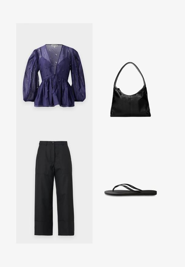Granatowa bluzka z przezroczystego materiału, z dekoltem w kształcie litery V i bufiastymi rękawami. Posiada marszczoną talię z haftowanymi motywami kwiatowymi.; Czarne spodnie w szerokim kroju wykonane z gładkiego materiału. Posiadają zapięcie na guzik, kieszenie z przodu oraz proste linie. Dół jest lekko rozszerzany.; Czarne klapki z teksturowaną gumową podeszwą, dwiema smukłymi paskami oraz subtelnym, wytłoczonym logo na pasku.; Czarna skórzana torba na ramię o gładkiej fakturze, zaokrąglonym wierzchu i pojedynczym pasku. Posiada zamek błyskawiczny i minimalistyczny design.