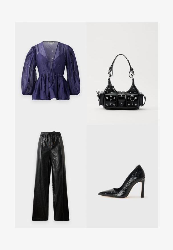 Mörkblå blus i genomskinligt tyg, med v-ringad halslinning och puffärmar. Har en samlad midja med blommig broderidetaljer.; Svarta läderbyxor med vida ben, elastisk midja, dragsko och detaljer i guld. Slät textur och löst passform.; Svart spetsig högklackad sko med krokodilskinnsstruktur, som har en elegant design, hög stilettklack och en slät svart innersula.; Svart läderhandväska med en kurvad design, prydd med silverfärgade nitar, ett spänne och två sidofickor. Justerbar rem för olika bäralternativ.