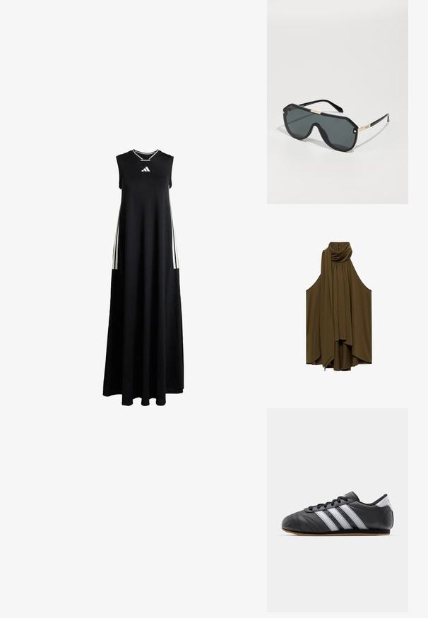 Olivově zelená bezrukávová blůza s volnými záhyby a řaseným výstřihem. Měkký materiál, volný střih, na zadní straně jsou knoflíky.; Černé bezramínkové maxi šaty s kulatým výstřihem, vyrobené z hladkého materiálu. Na bocích mají bílé pruhové akcenty a logo na hrudi.; Černá kožená sportovní obuv s bílými pruhy, kulatou špičkou, plochou podrážkou a šněrováním. Disponuje perforacemi pro prodyšnost.; Černé sluneční brýle s výrazným oversized hexagonálním rámem, tmavými skly a zlatými akcenty na spáncích. Hladký plastový povrch.