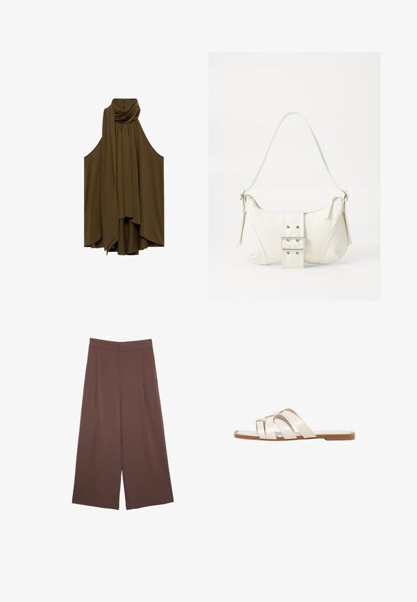 Oliven grøn ærmeløs bluse med draperet halsudskæring og plisseringer. Blød stof, svajet form, har knapper bagpå.; Brune bredbunde bukser med en glat tekstur, der har høj talje og plisseringer foran. Stoffet er let og falder løst.; Flade sandaler med en lys gummisål, designet med tre overlappende hvide læderremme og en lille sløjfe detalje i midten.; Hvid skuldertaske med en tekstureret overflade, et centralt spænde og en buet form. Lynlåslukninger på begge sider.