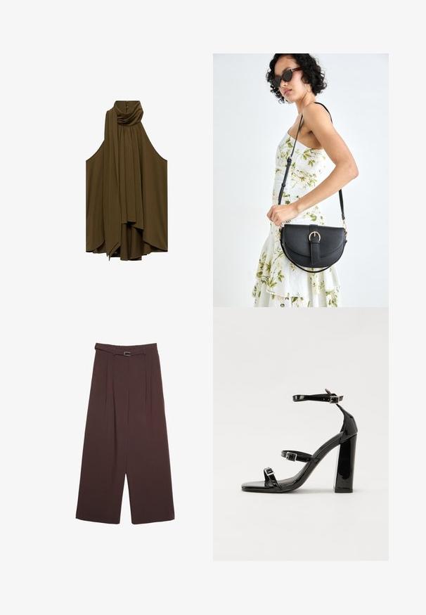 Oliven grøn ærmeløs bluse med draperet halsudskæring og plisseringer. Blød stof, svajet form, har knapper bagpå.; Stradivarius WIDE-LEG WITH BUCKLE DETAIL - Bukser - dark brown; Sorte patenterede hælsandaler med firkantet tå, ankelremme og sølvspænder. Har en chunky blokHæl for stabilitet.; Sort læderhåndtaske med en buet form, aftagelig rem og guldfinish. Tasken har en klap med en spænde detalje.