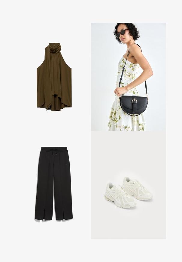 Olivegrünes ärmelloses Top mit drapiertem Ausschnitt und Falten. Weicher Stoff, fließende Form, mit Knöpfen auf der Rückseite.; Schwarze Hose mit elastischem Bund und Kordelzug, ausgestattet mit seitlichen Schlitzen und einem dezenten Puma-Logo an der Hüfte, gefertigt aus einem weichen Stoff.; Weiße Sportschuhe aus Mesh- und synthetischen Materialien, Schnürdesign, gepolsterter Kragen und strukturiertes Profil für besseren Grip. Leichte Bauweise.; Schwarze Lederhandtasche mit geschwungener Form, abnehmbarem Tragegurt und goldenen Beschlägen. Die Tasche verfügt über einen Deckel mit einer Schnallen-Details.