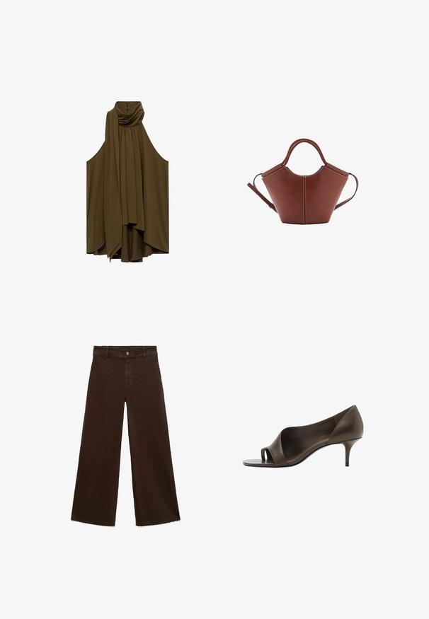 Olive zelená bezrukávová blúzka s drapovaným výstrihom a záhybmi. Mäkko tkaná látka, voľný strih, s gombíkmi na zadnej strane.; Hnedé široké nohavice z bavlnenej zmesi, s roztrhnutým lemom, predným zapínaním na gombík a klasickým dizajnom s piatimi vreckami. Minimalistické a všestranné.; Hnedá kožená sandála na vysokom podpätku s hladkým povrchom a štíhlym stiletto podpätkom. Disponuje výrezovým dizajnom a minimalistickým tvarom.; Hnedá kožená kabelka s kužeľovým tvarom, pevnými rúčkami a kontrastným bielym prešitím. Obsahuje odnímateľný ramenný popruh pre väčšiu variabilitu.