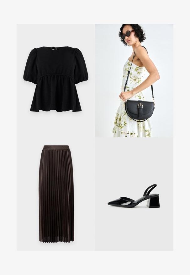 Svart kortermet bluse med teksturert overflate, rund hals, elastisk midje og knyttedetalj bak. Utvidet silhuett.; Plisseret midiskjørt i mørkebrun stoff, med en glatt midje, gulvlengde design og vertikale plisseringer for ekstra tekstur.; Svarte patentlær slingback hæler med spiss tå og geometrisk blokk hæl. Har et stilrent, minimalistisk design og jevn tekstur.; Svart lærveske med en buet form, avtagbar stropp og gullbeslag. Vesken har et klaff med spenne-detall.