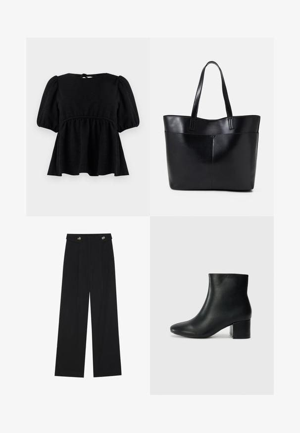 Svart kortermet bluse med teksturert overflate, rund hals, elastisk midje og knyttedetalj bak. Utvidet silhuett.; Svart vide bukser med høy midje, knappdetaljer på midjebåndet og frontplisser.; Sorte skinn ankelsko med spiss tå og chunky hæl. Glatt tekstur med minimale detaljer og et elegant, tettsittende design.; Svart lær toteveske med to lange håndtak, en glatt tekstur og en strukturert form. Har en frontlomme for ekstra oppbevaring.