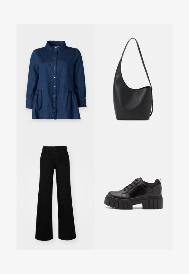 Dark blue denim shirt with a collared neckline, button closure, and gathered waist. Features long sleeves and two side pockets.; Black wide-leg pants made of denim, featuring a structured waistband, belt loops, and front pockets. Smooth texture with a classic design.; Black leather platform shoes with a chunky block heel, round toe, and traditional lace-up design. Features smooth texture and minimal detailing.; Black leather hobo bag with a smooth texture, curved shape, and single adjustable strap; features a wide opening at the top.