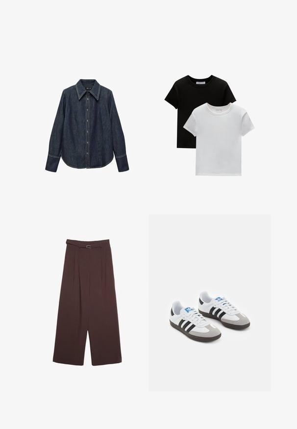 Tmavě modrá denimová košile na knoflíky s špičatým límečkem, dlouhými rukávy a viditelným bílým šitím. Má zakulacený spodní lem a klasický střih.; Dvě trička s kulatým výstřihem v černé a bílé barvě, vyrobená z bavlny. Mají krátké rukávy a jednobarevný design bez vzorů nebo akcentů.; Stradivarius WIDE-LEG WITH BUCKLE DETAIL - Kalhoty - dark brown; Sportovní boty s bílým koženým svrškem, šedou semišovou špičkou a třemi černými pruhy. Obsahují modré logo na jazyku a texturovanou gumovou podrážku.