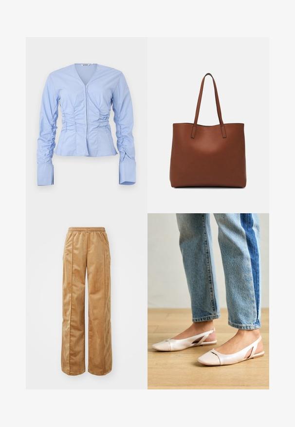 Šviesiai mėlynas ilgomis rankovėmis viršus su V iškirpte, susiraukšlėjusiomis šoninėmis dalimis ir prigludusia juosmeni. Savybė - plačios, struktūrizuotos rankogaliai ir sklandus, lengvas audinys.; Kreminės pločio kojų kelnės, pagamintos iš švelnaus, veliūrinio audinio. Yra elastinga juosmens juosta ir vertikalios siūlės priekyje, suteikiančios papildomo akcento.; Šviesiai rožiniai slingback baleto bateliai su smailiu pirštu, pagaminti iš lygios odai panašios medžiagos. Yra išpjovimų detalės šonuose ir plokščias kulnas.; Ruda odinė priekabų krepšys su glotnia tekstūra, atviru viršumi ir dviem petnešomis. Su minimalia siuvimo detalėmis ir nematoma aparatūra.