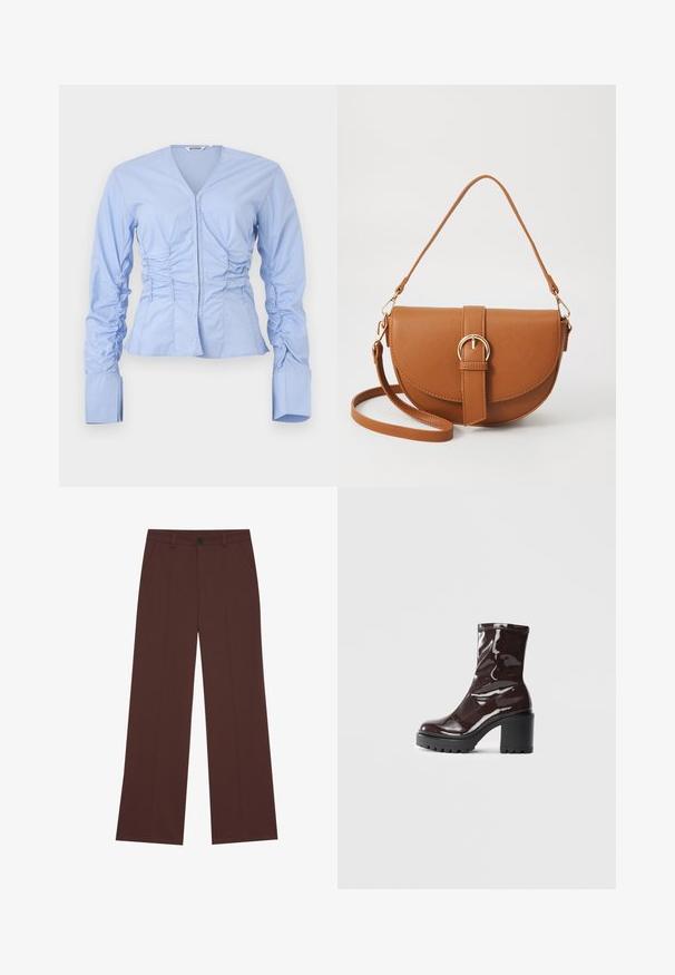Maglietta a maniche lunghe azzurro chiaro con scollo a V, lati arricciati e vita aderente. Presenta ampi polsini strutturati e un tessuto liscio e leggero.; Pantaloni a gamba larga in un ricco tessuto marrone. Presentano una chiusura a bottone, due tasche frontali, una texture liscia e linee pulite.; Stivale alla caviglia bordeaux lucido con un tacco spesso nero, caratterizzato da una superficie liscia e un design semplice. Nessuna chiusura visibile o motivo.; Borsa a tracolla in pelle marrone con forma curvata, hardware dorato e un dettaglio con fibbia. Presenta una tracolla rimovibile.