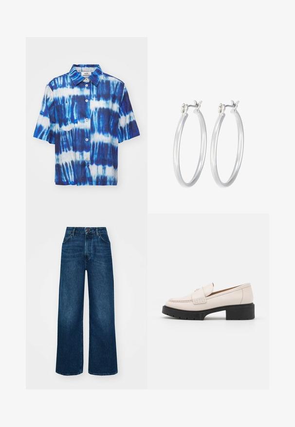 Mads Nørgaard COLIN LORELLA - Skjortebluser - merthyl blue; Højtaljede, brede jeans i mørkeblå denim med en glat tekstur, kontrastsyninger og design med fem lommer. Lukning foran med knap.; Lys beige læder loafers med en syet front og en tekstureret sort platformhæl. Har et buet design og en let hævning.; Sølv hoop øreringe med en glat, poleret overflade. Rund form og sikker klik-lukning. Letvægtsdesign, der er velegnet til hverdagsbrug.