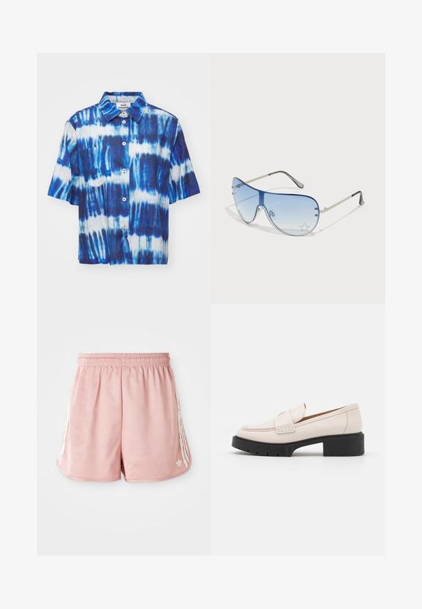 Mads Nørgaard COLIN LORELLA - Blúzka so zapínaním na gombíky - merthyl blue; Ružové športové šortky s elastickým pásom, bočnými bielymi pruhmi a malým logom na dolnom ľavom prednom diely. Hladká textúra látky.; Svetlo béžové kožené mokasíny s prešitým predom a textúrovaným čiernym platformovým podpätkom. Vlastnosti zahŕňajú zakrivený dizajn a mierne zvýšenie.; Pilotné slnečné okuliare s prechodovým modrým sklom, strieborným kovovým rámom a ozdobnými hviezdičkovými akcentmi na sklách. Hladký a elegantný dizajn.