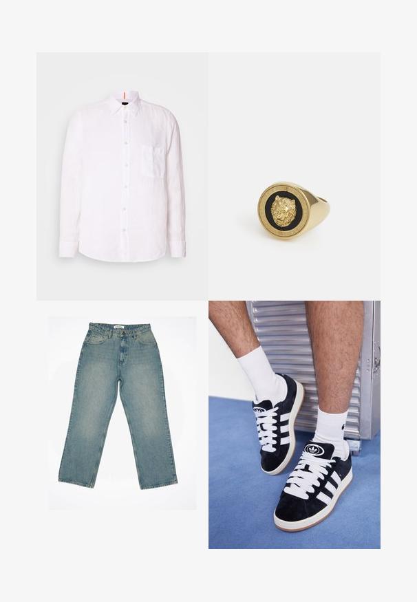 Fehér vászon gombos ing, elülső zsebbel, hegyes gallérral és hosszú ujjal. Finom textúrával, slim fit szabással és egyenes aljjal rendelkezik.; Fehér, rövid ujjú póló, puha pamutból készült. Kerek nyakkivágással és laza szabással rendelkezik, sima textúrával és egyszerű, díszítés nélküli kivitelben.; Világoskék farmernadrág magas derékkal és széles lábakkal. Elöl zsebekkel, cipzáros záródással és látható varrási részletekkel rendelkezik.; Fekete velúr sportcipők fehér fűzőkkel és három fehér csíkkal. A nyelvén egy kör alakú fekete logó található, valamint egy gumis talp.; Arany színű gyűrű, kiemelkedő oroszlánmotívummal, fekete háttérrel, amelyet a márkanevével gravírozott kör alakú sáv keretez.